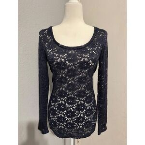Whimsigoth Women Navy Blue Floral Lace Long Sleeve Scoop Neck Top Small Romantic